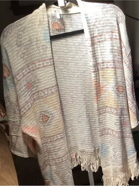 Mauve Cream Open-Front Fringe Cardigan with Pastel Pattern